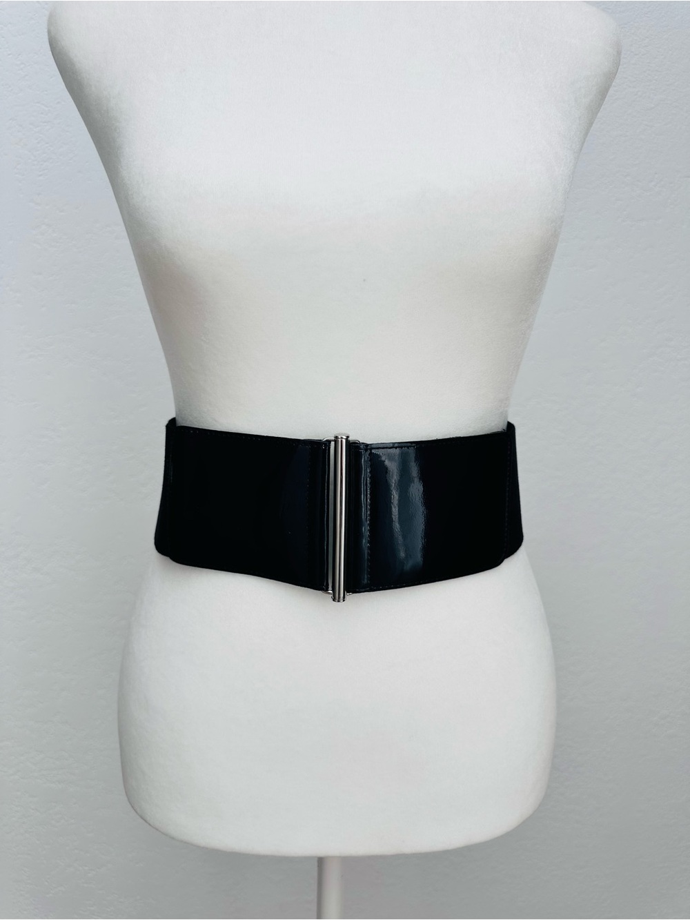 Eugenia Kim Black Patent Wide Waist Belt with Silver Bar / Size M